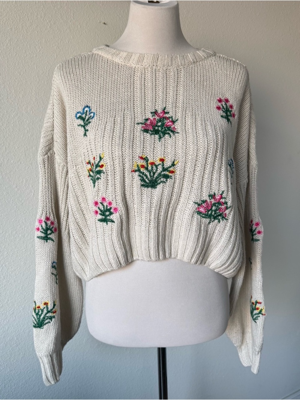 Woven Heart Cream Floral Embroidered Knit Sweater